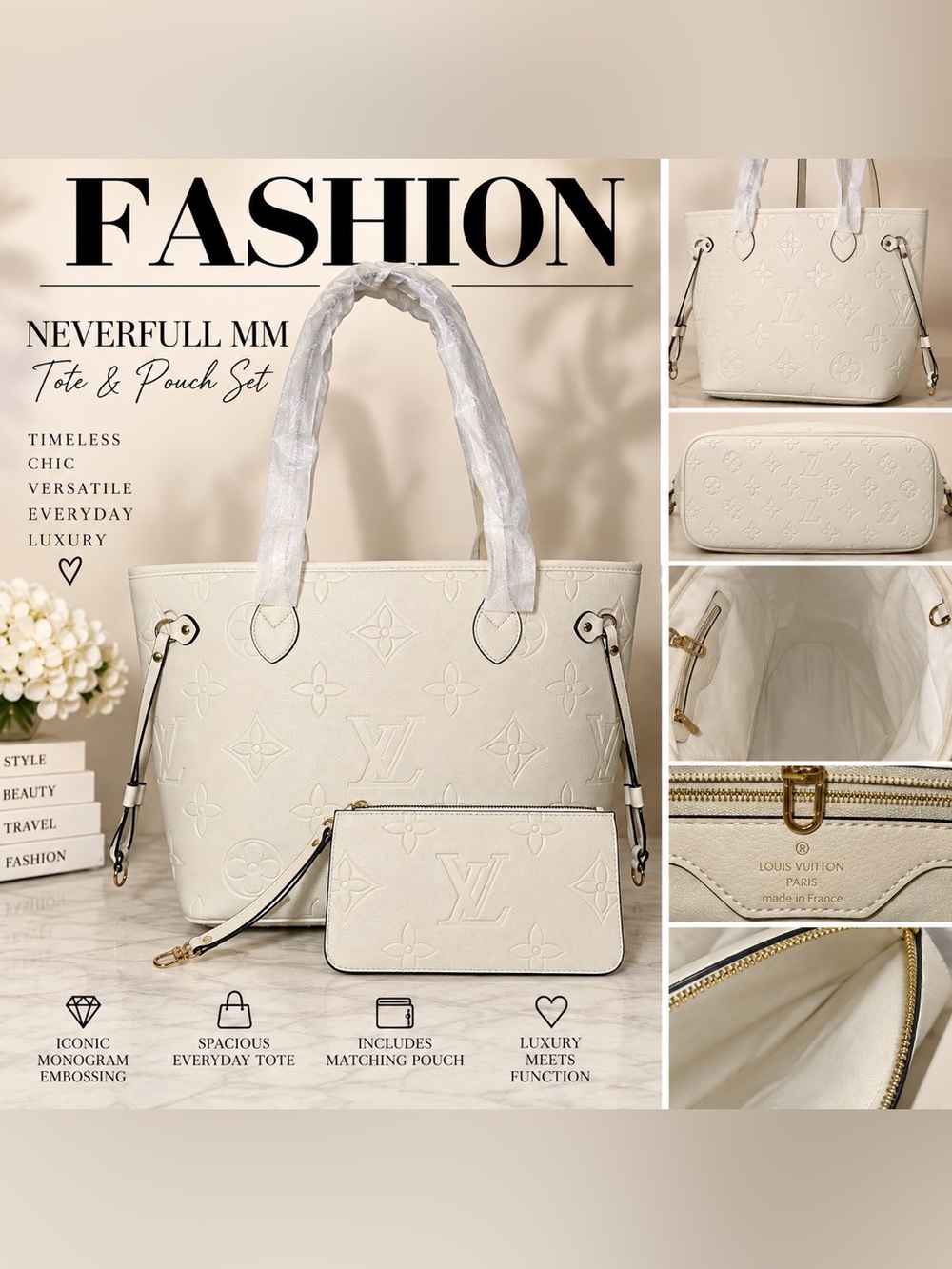 White Embossed Neverfull Style MM Tote with Matching Pouch